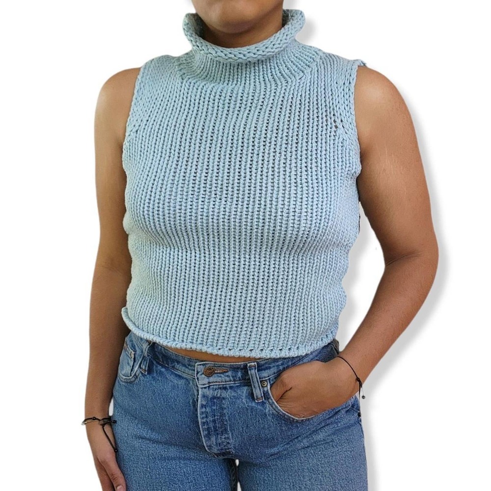 Pastel Blue Mock Neck Crochet Sweater Top by DCC Sweaters